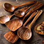Glowkoo Thailand Teak Wooden Kitchen Utensil Set – Natural Wood Spoon, Ladle & Turner Tools