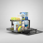 Under-cabinet organizer with cleaning supplies in a kitchen setting