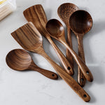 Glowkoo Thailand Teak Wooden Kitchen Utensil Set – Natural Wood Spoon, Ladle & Turner Tools