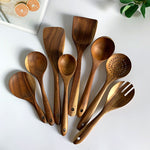 Glowkoo Thailand Teak Wooden Kitchen Utensil Set – Natural Wood Spoon, Ladle & Turner Tools