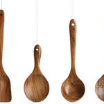 Glowkoo Thailand Teak Wooden Kitchen Utensil Set – Natural Wood Spoon, Ladle & Turner Tools