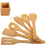 Glowkoo Ergonomic Kitchen Tools Bamboo Spatula Set with Square Holder Eco-Friendly Cooking Utensils