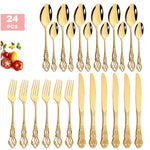 Set of 24 gold-plated cutlery including spoons, forks, and knives on a white background.