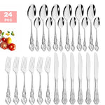 Set of 24 silver cutlery pieces including spoons, forks, and knives with decorative handles.