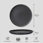 Set of 6 black plates with measurements and features on a white background