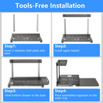 Step-by-step guide for tools-free installation of a kitchen organizer with images and text.