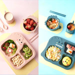 Two children's lunch boxes with compartments filled with food on a colorful background.