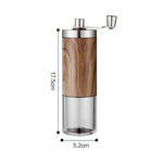 Wooden and metal manual coffee grinder with dimensions on a white background