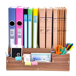 Wooden desk organizer with stationery items including folders, scissors, and pens on a white background