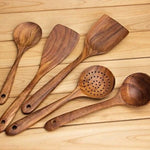 Glowkoo Thailand Teak Wooden Kitchen Utensil Set – Natural Wood Spoon, Ladle & Turner Tools