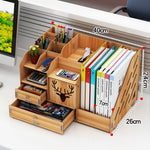 Glowkoo Office Desk Organizer Wooden Desktop Storage with Drawer and Pen Holder
